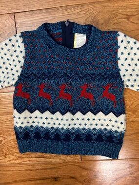 Blue Fair Isle Crewneck Sweater with Red Reindeer Motif